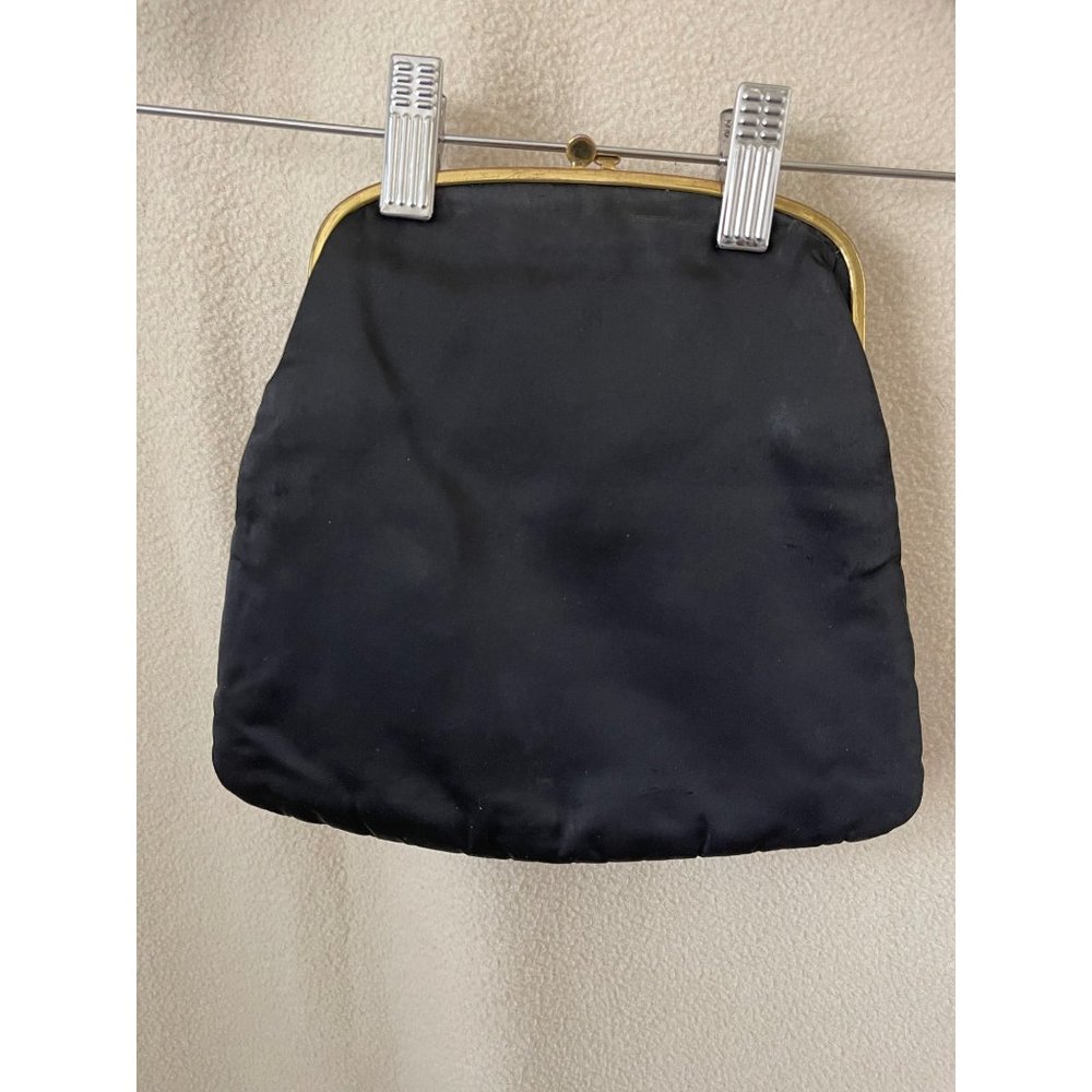 Ingber Antique/Vintage Gold Tone Trim Black Satin Clutch